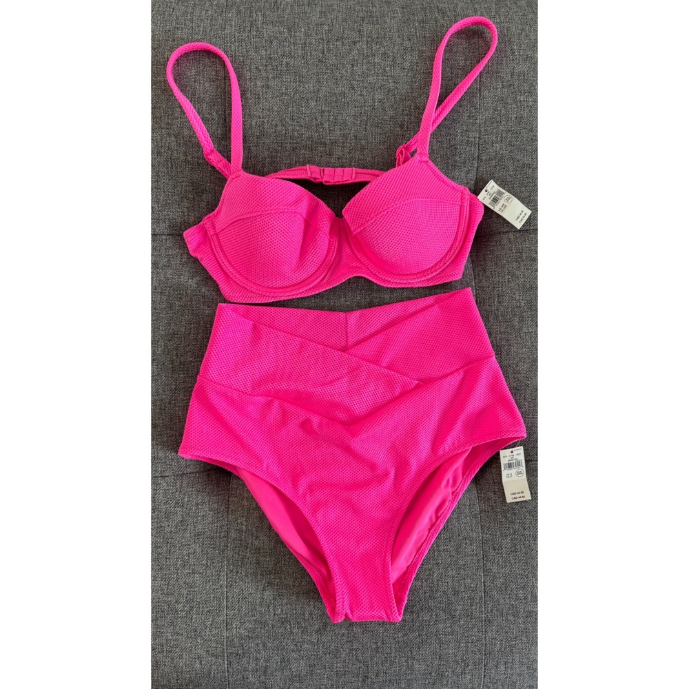 Aerie Neon Pink Textured Underwire Bikini Set 34B Small High Waisted Crossover